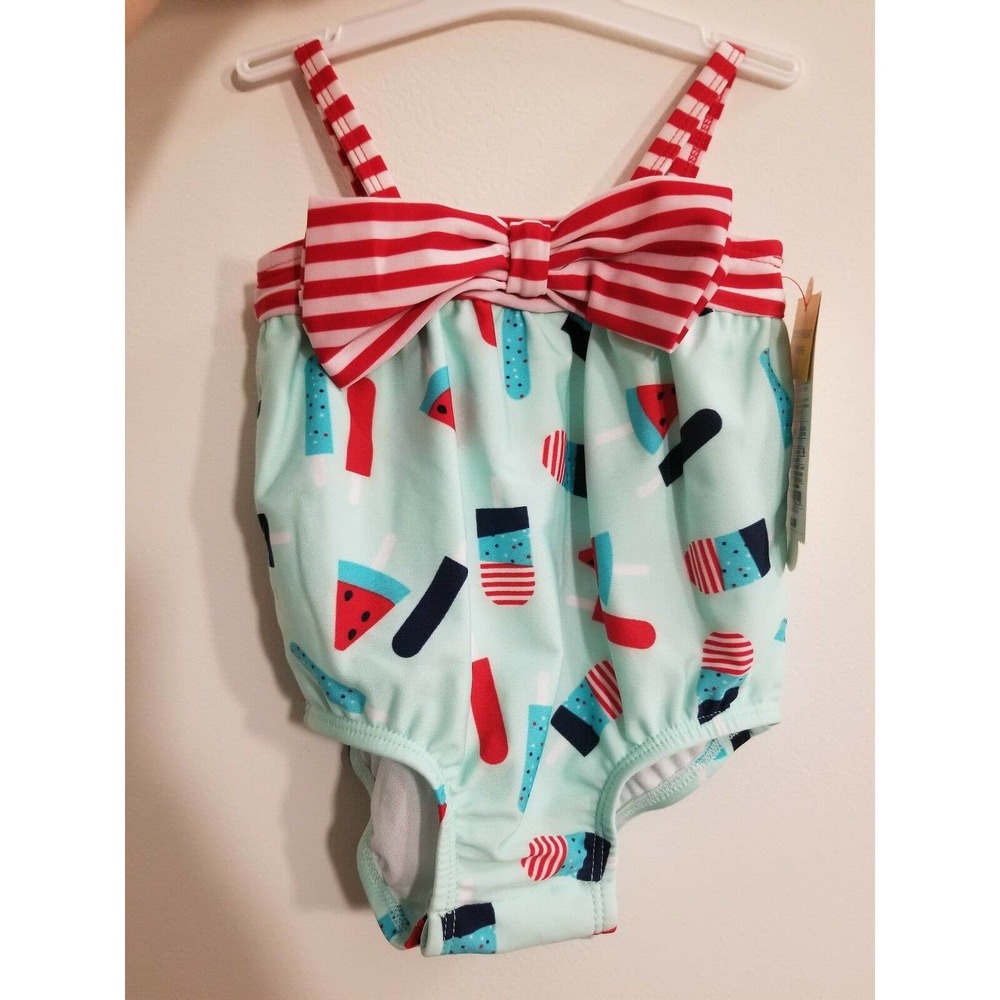 Cat And Jack Baby Girl UPF 50+ Watermelon Red Stripe Print Swim Suit 3-6 Months